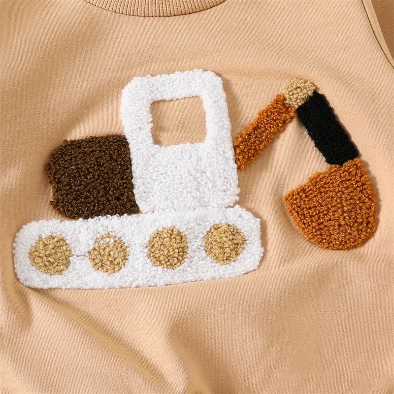 Baby Toddler Boys 2Pcs Outfit Car Tractor Embroidery Long Sleeve Pullover Crewneck Top Elastic Waist Pants Jogger Set