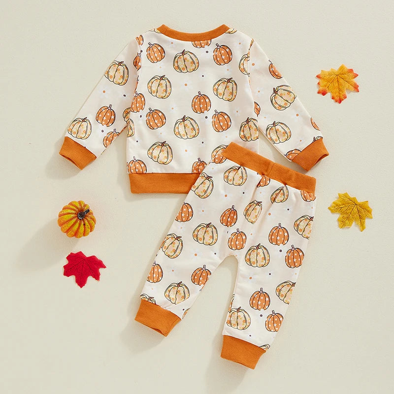 Baby Toddler Girls Boys 2Pcs Fall Set Pumpkin Print Long Sleeve Round Neck Top Long Pants Outfit