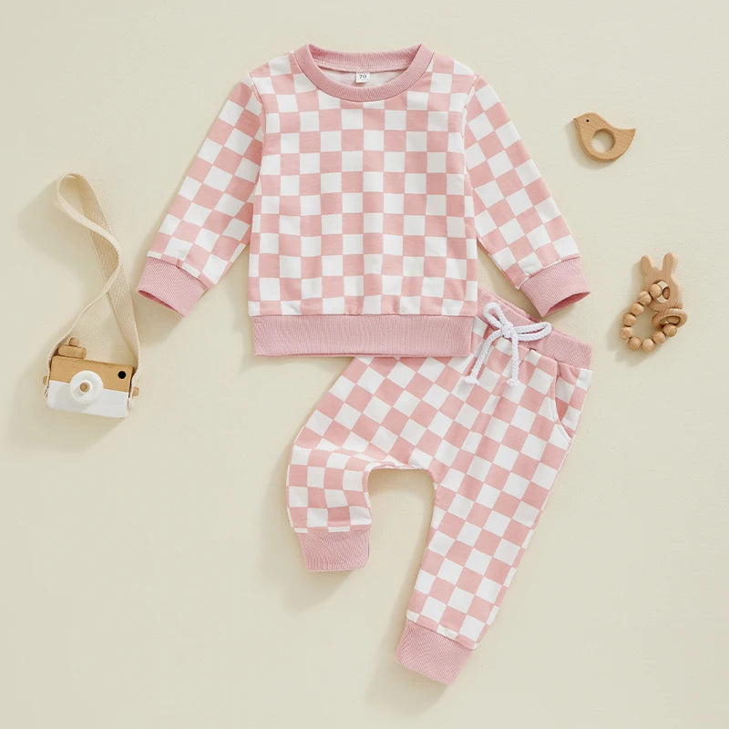 Baby Toddler Girls 2Pcs Fall Sets Long Sleeve O Neck Checkerboard Print Top Drawstring Pants Jogger Set
