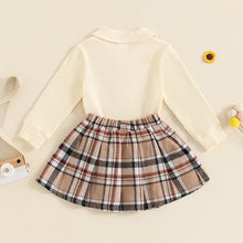 Load image into Gallery viewer, Toddler Kids Girls 2Pcs Long Sleeve Collared Shirt Top with Pleated Mini Plaid Skirt Fall Outfit Set
