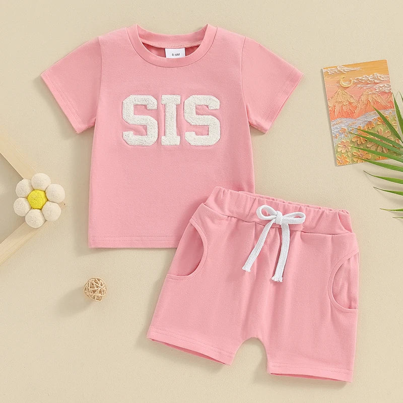 Baby Toddler Girl 2Pcs SIS Spring Summer Clothes Short Sleeve Letter Embroidery Top Drawstring Shorts Outfit Set Siblings Sister