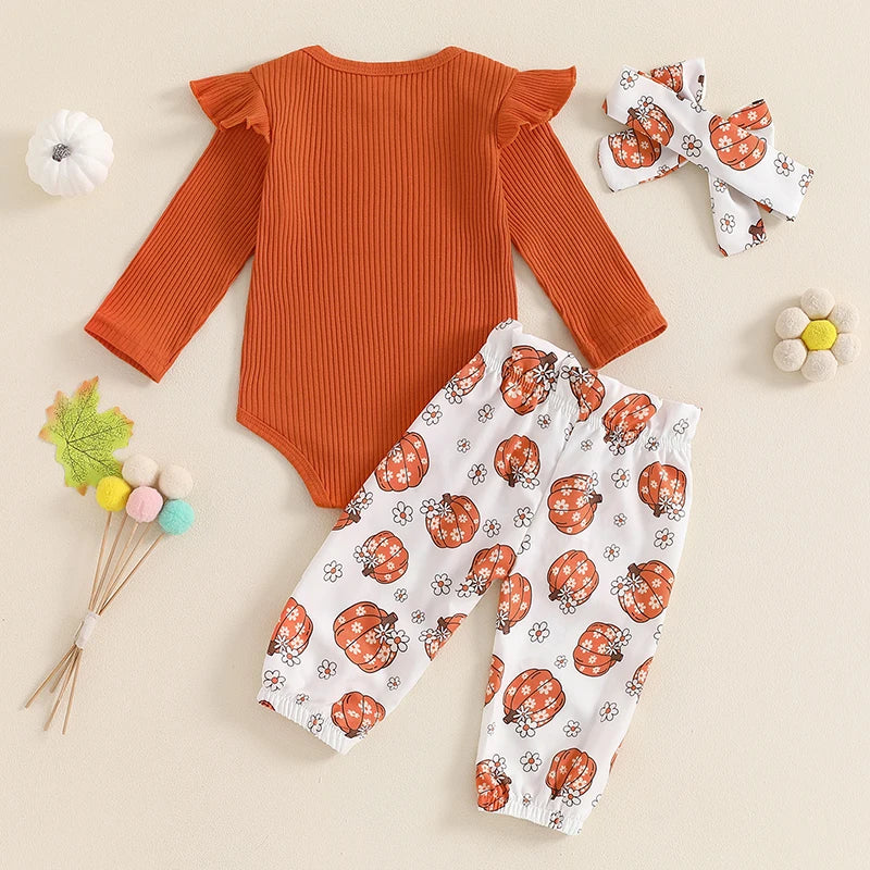 Baby Girls 3Pcs Halloween Outfit Ribbed Long Sleeve Frill Sleeve Romper and Elastic Pumpkin Flower Print Pants Headband Set