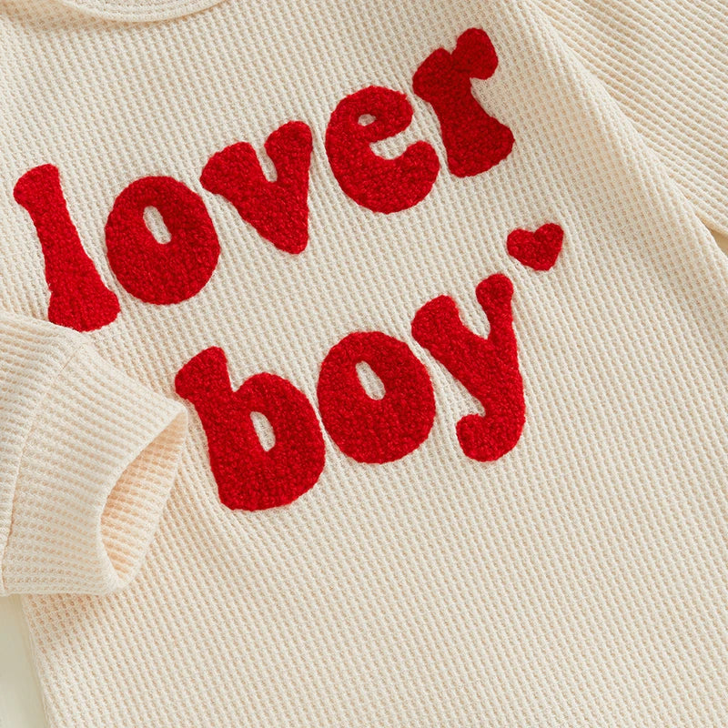 Baby Boy 2Pcs Lover Boy Romper Letter Heart Embroidery Valentines Long Sleeve Full Length Jumpsuit with Hat Valentine's Day Outfit Set