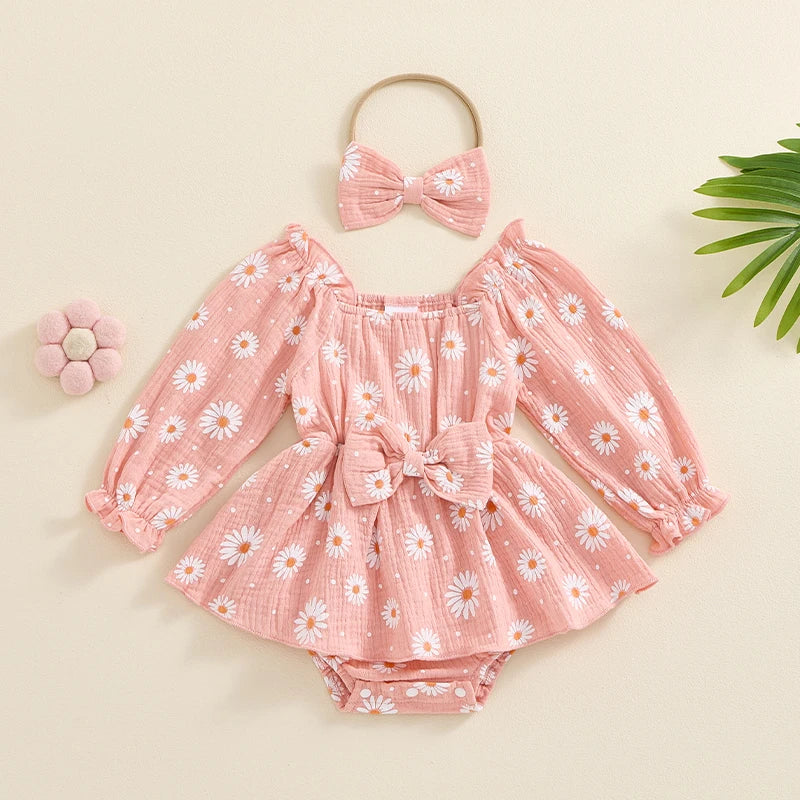 Baby Girls 2Pcs Autumn Romper Dress Long Sleeve Off Shoulder Poof Sleeve Flowers Print Floral Romper with Headband Set