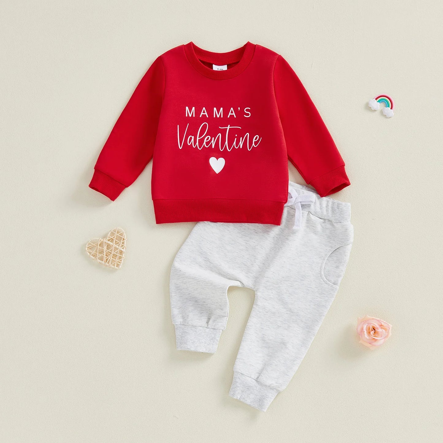 Baby Toddler Girls Boys 2Pcs Valentines Day Outfit Daddy's / Mama's Valentine Heart Letter Long Sleeve Top and Solid Joggers 2 Piece Jogger Set