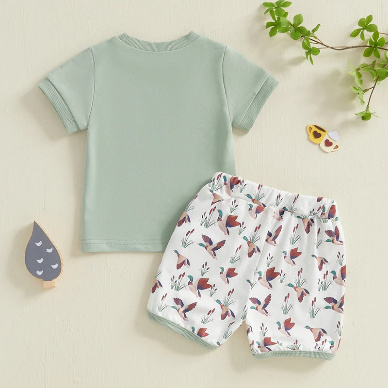 Baby Toddler Boys 2Pcs Summer Outfit Duck Embroidery Short Sleeve Top and Elastic Camouflage Shorts Set