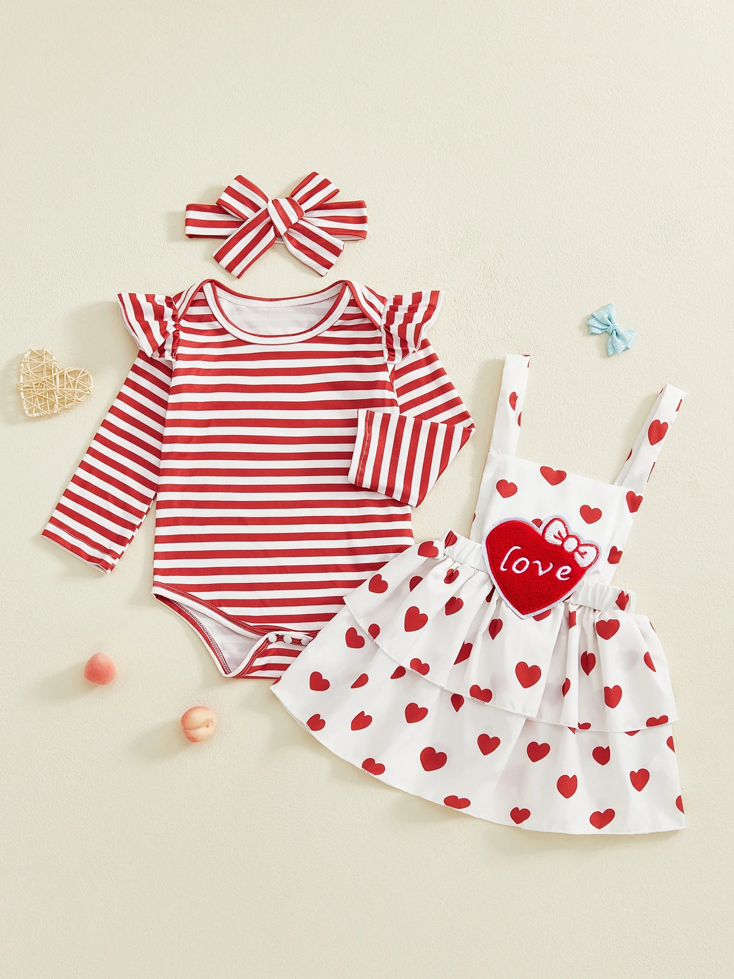Baby Girl 3Pcs Valentine’s Day Outfit Long Sleeve Stripes Print Romper Suspender Skirt Dress Headband Set