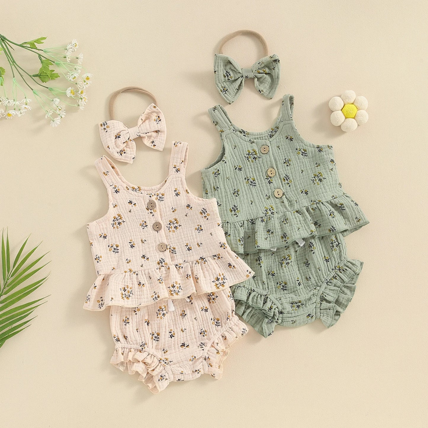 Baby Toddler Girls 3Pcs Summer Set Round Neck Floral Print Tank Top Elastic Waist Frill Trim Shorts Headband 3Piece Outfit