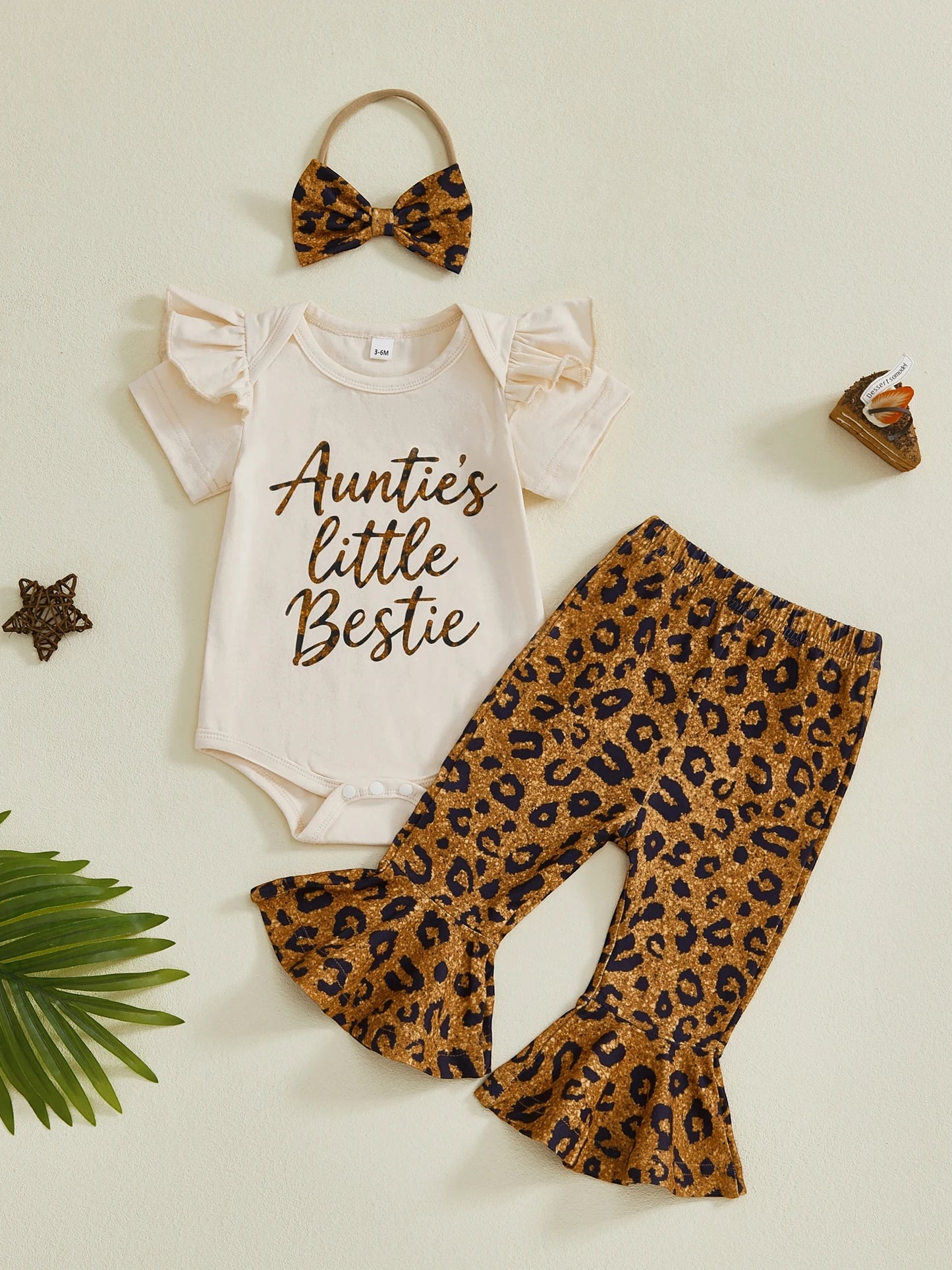 Baby Girl 3Pcs Auntie's Little Bestie Spring Outfits Letter Short Sleeve Romper with Leopard Pattern Flare Pants and Bow Headband Set