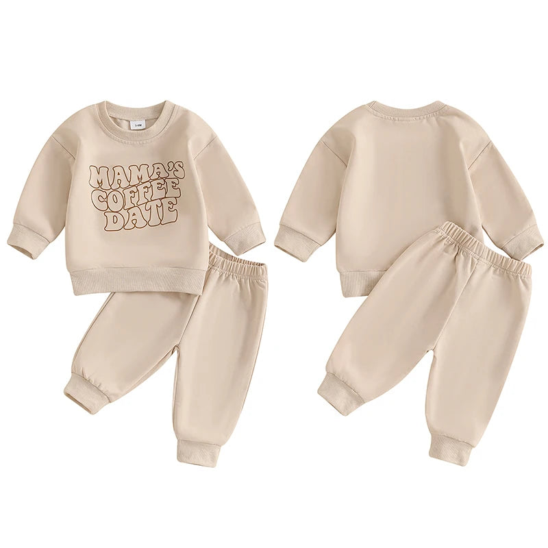 Baby Toddler Boys Girls 2Pcs Mama's Coffee Date Outfit Letter Print Long Sleeve Crewneck Top and Elastic Pants Jogger Set Fall