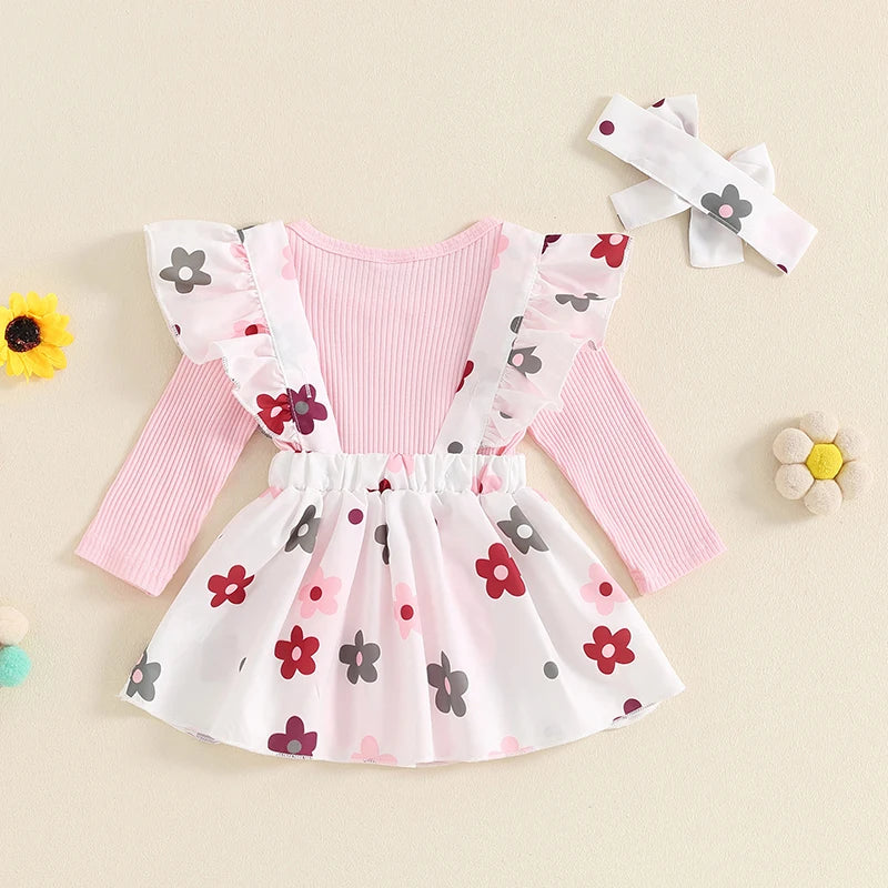 Baby Girls 3Pcs Fall Outfit Long Sleeve Ribbed Romper + Bow Suspender Flower Print Skirt + Headband Set