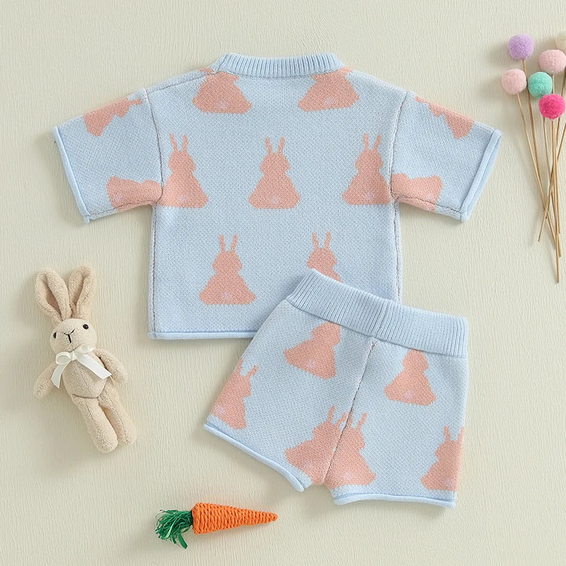 Baby Toddler Girls 2Pcs Easter Outfit Bunny Rabbit Print Knitted Short Sleeve Top and Elastic Knit Shorts Set Cute Spring Clothes