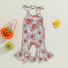 Load image into Gallery viewer, Toddler Baby Kids Girl Halloween Jumpsuit Flower/Pumpkin Printed Tank Tie Bell-Bottoms Romper
