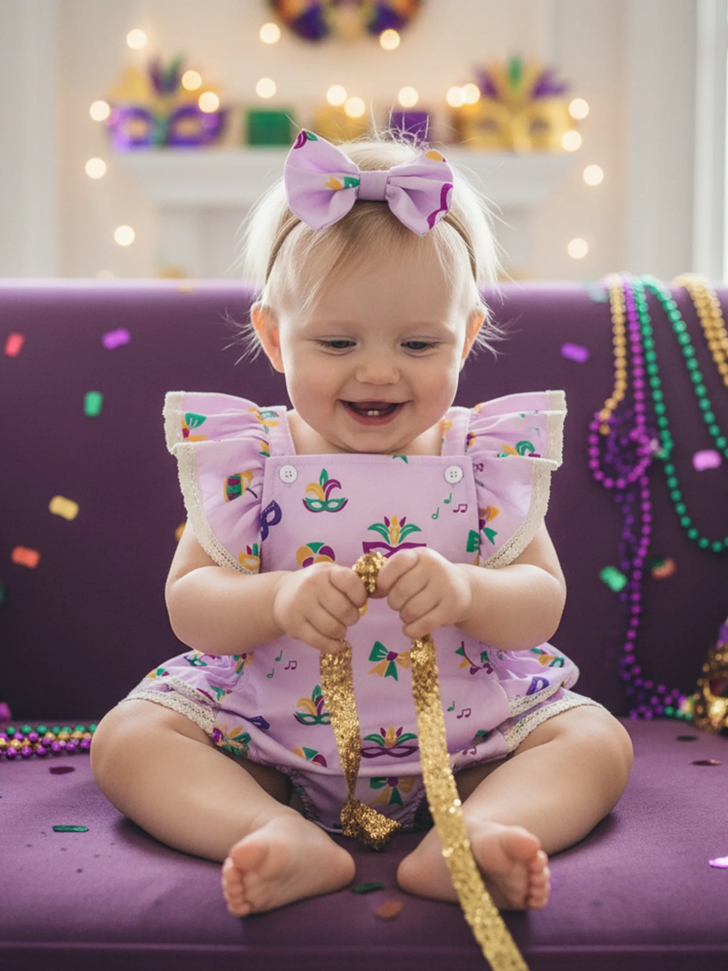 Baby Girl 2Pcs MardiGras Outfit Ruffled Trim Flying Sleeve Romper and Bow Headband Set