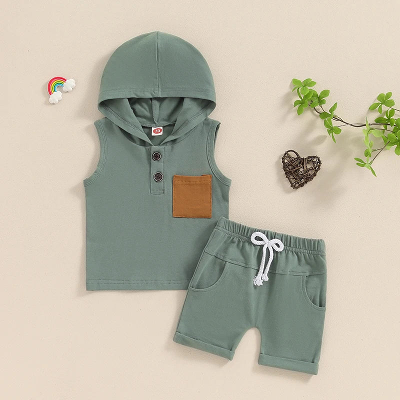 Baby Toddler Boys 2Pcs Summer Outfit Sleeveless Hooded Tank Top with Pocket Elastic Waist Shorts Set