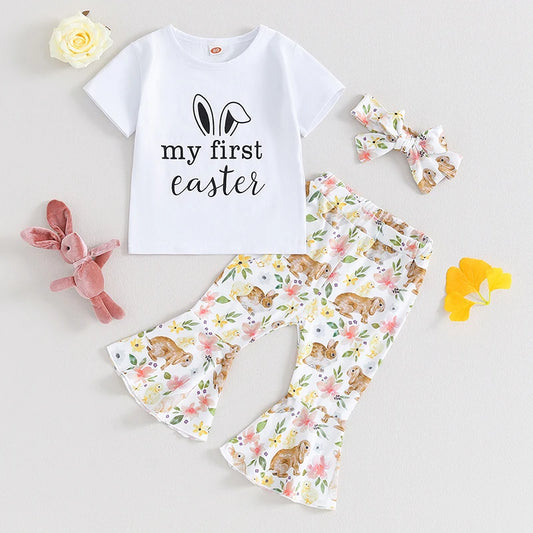 Toddler Baby Girl 3Pcs Easter Outfits Letter Print My First Easter Short Sleeve T-Shirt Top Bunny Bell Bottom Pants Headband Bow Set