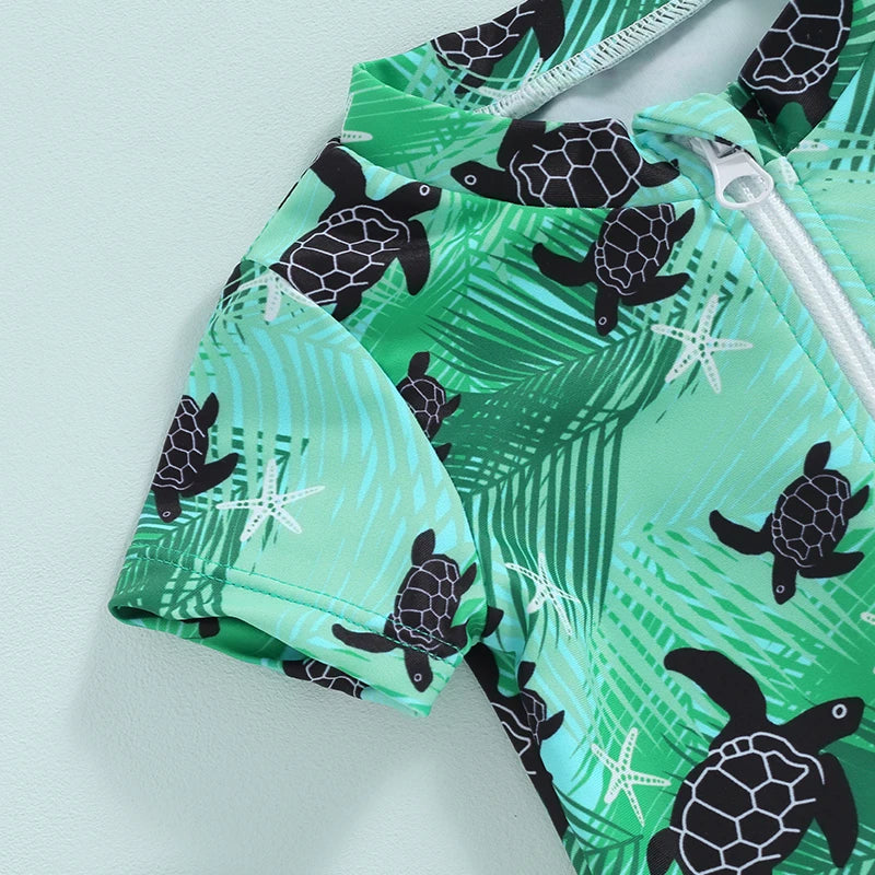 Baby Toddler Boys Summer Swimsuit Rompers Short Sleeve Turtle/Shark Print Zipper Bathing Suit Swimwear Romper