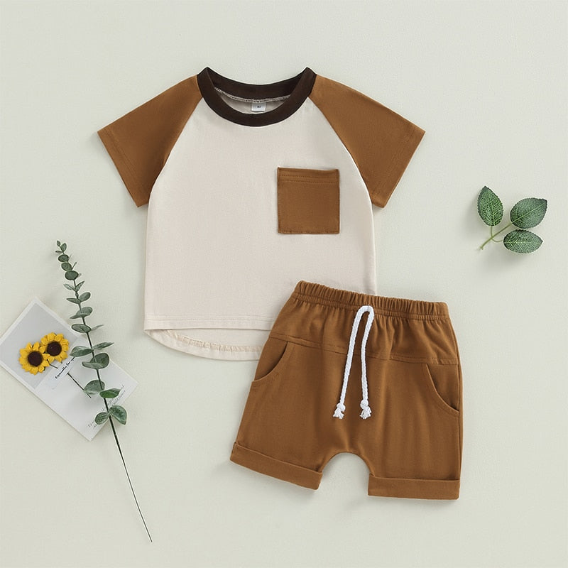 Baby Toddler Boys 2Pcs Short Sleeve Contrast Color Tops Drawstring Shorts Outfit