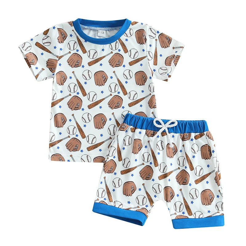 Baby Toddler Boys 2Pcs Baseball Print Outfit Short Sleeve T-shirt Top Elastic Waist Shorts Summer Set