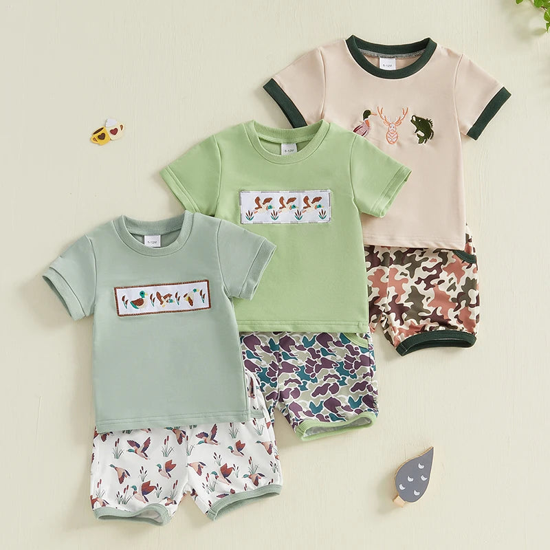 Baby Toddler Boys 2Pcs Summer Outfit Duck Embroidery Short Sleeve Top and Elastic Camouflage Shorts Set