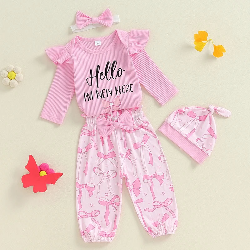 Baby Girls 4Pcs Hello I'm New Here Outfit Letter Long Sleeve Romper with Bow / Butterfly Pattern Pants and Headband Hat Set