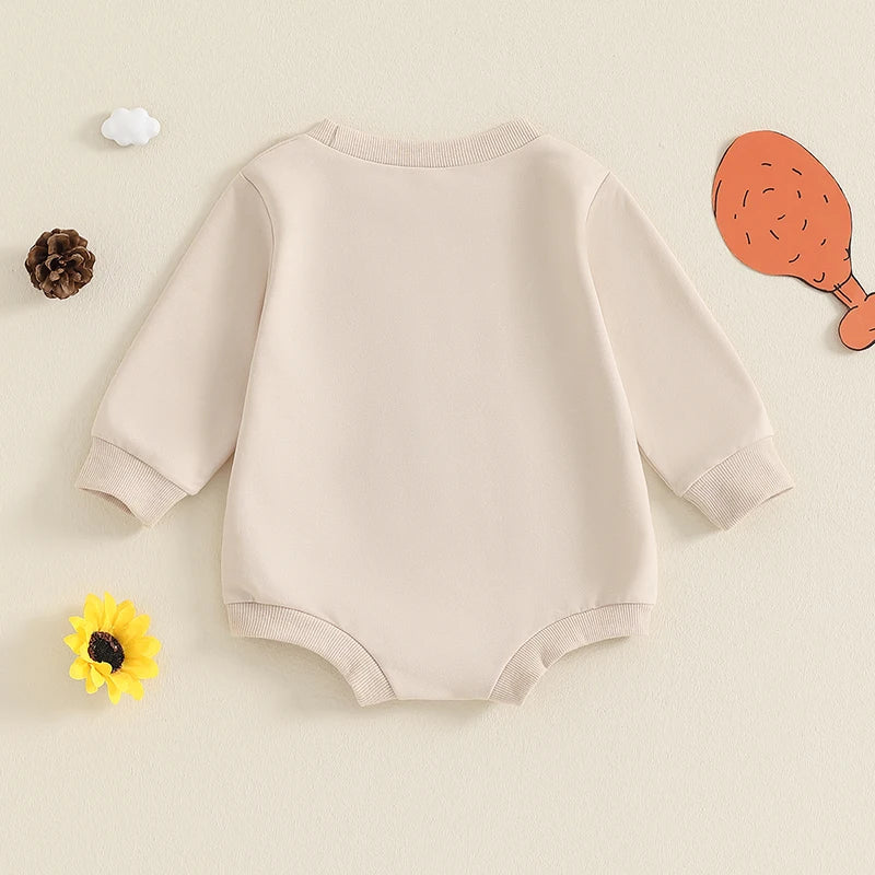 Baby Boys Girls Little Turkey Thanksgiving Romper Letter Print Turkey Embroidery Long Sleeves Round Neck Bubble Jumpsuit