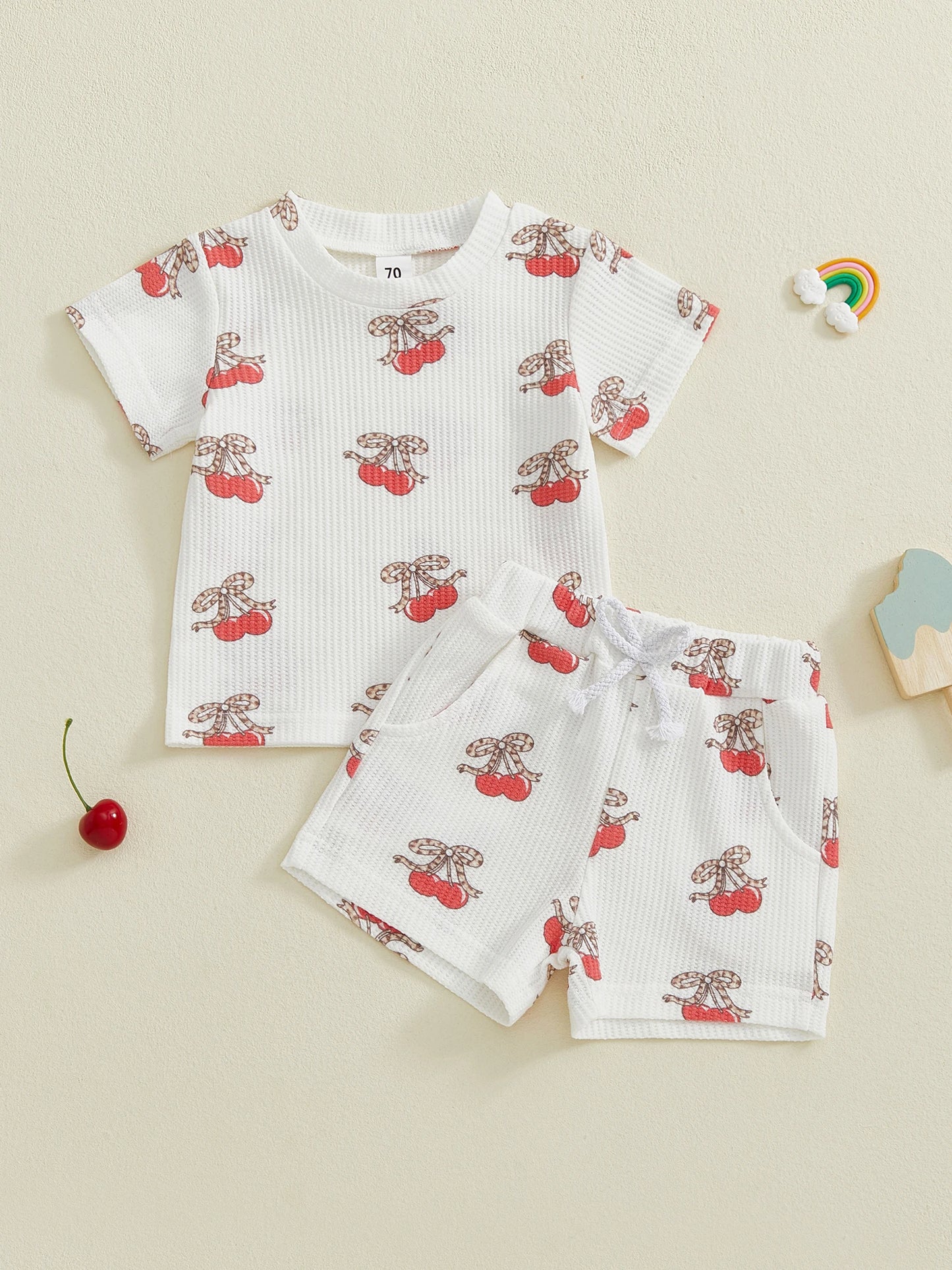 Baby Toddler Girls 2Pcs Outfits Fashionable Bow Cherry Print Short Sleeve Round Neck Top and Shorts Set