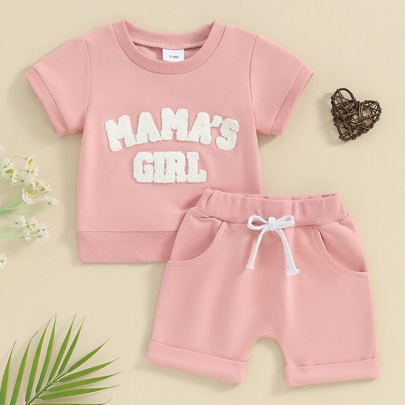 Baby Toddler 2Pcs Girl Fuzzy Letter Mama's Girl Embroidery O-Neck Short Sleeve Top with Shorts Set Outfit