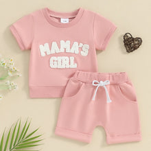 Load image into Gallery viewer, Baby Toddler 2Pcs Girl Fuzzy Letter Mama&#39;s Girl Embroidery O-Neck Short Sleeve Top with Shorts Set Outfit
