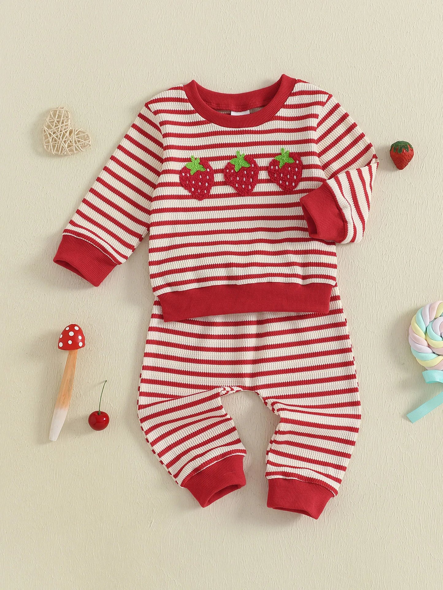Baby Toddler Girls 2Pcs Autumn Pants Sets Strawberry Embroidery Long Sleeve Top Striped Pants Set
