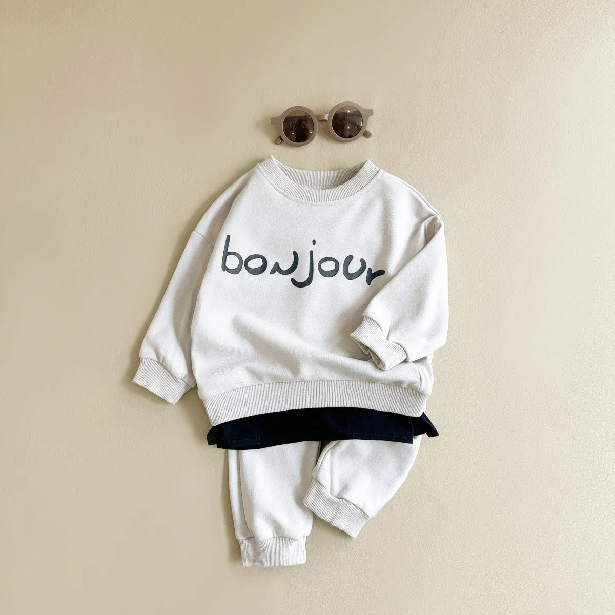 Baby Toddler Boys Girls 2Pcs Bonjour Letter Long Sleeve Top + Pants Jogger Set Outfit