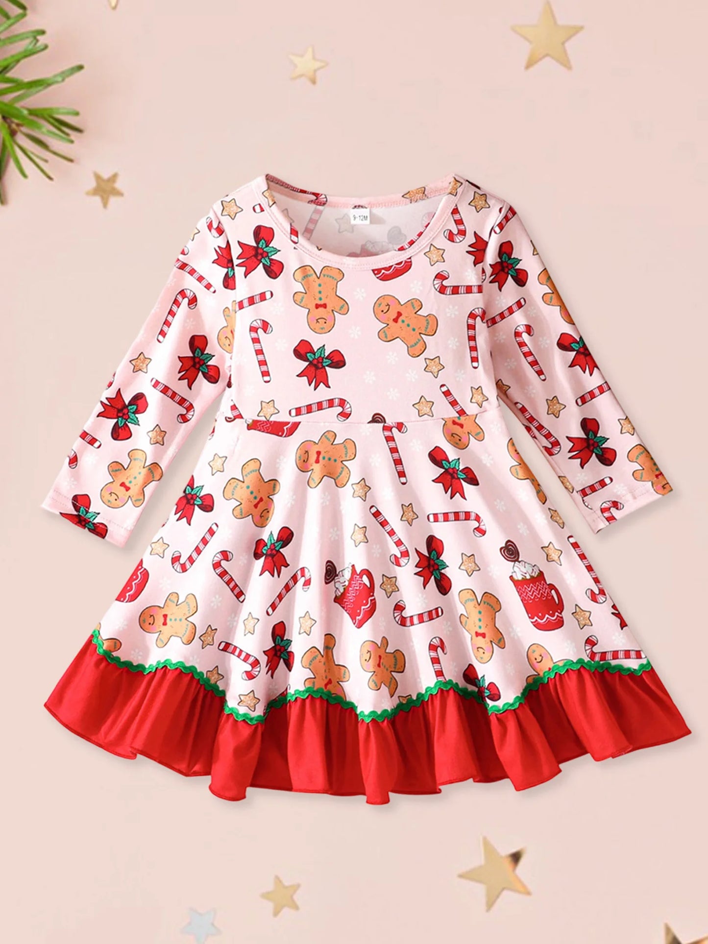 Baby Toddler Girl Christmas Dress Long Sleeve Crew Neck Gingerbread Man Cane Candy Print Dress