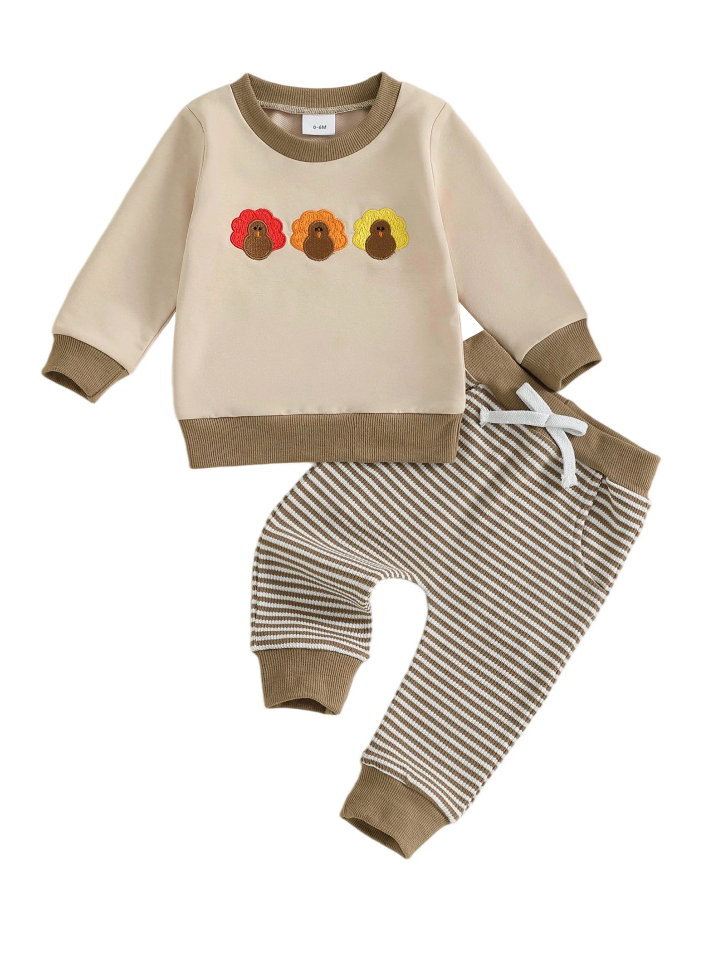 Baby Toddler Boys 2Pcs Jogger Set Long Sleeve Crew Neck Embroidery Gobble Turkey Top with Striped Pants Thanksgiving Clothes