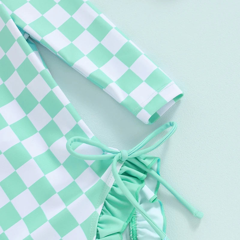 Baby Toddler Girls Beach Swimwear Long Sleeve Checkerboard Print Ruffle Romper Bathing Suit