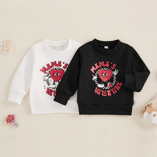 Baby Toddler Boys Mama's Valentine Valentine's Day Letter Heart Print Long Sleeve Round Neck Pullover Valentines Top