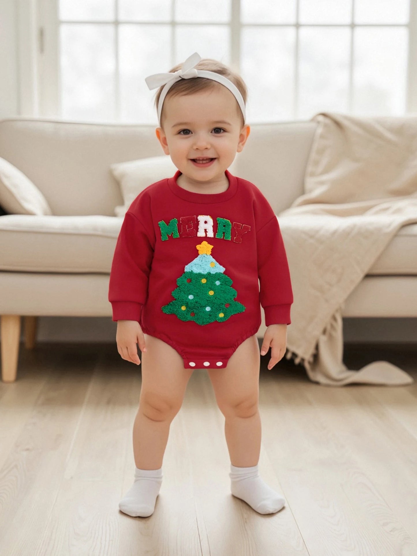 Baby Girl Boy Merry Romper Long Sleeve Round Neck Letter Christmas Tree Embroidery Bubble Jumpsuit