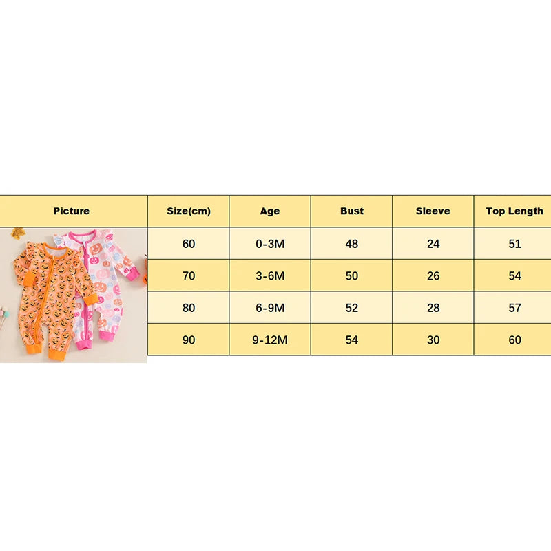 Baby Girls Halloween Romper Pumpkin Print Ruffle Trim Long Sleeve Full Length Zipper Jumpsuit for Fall