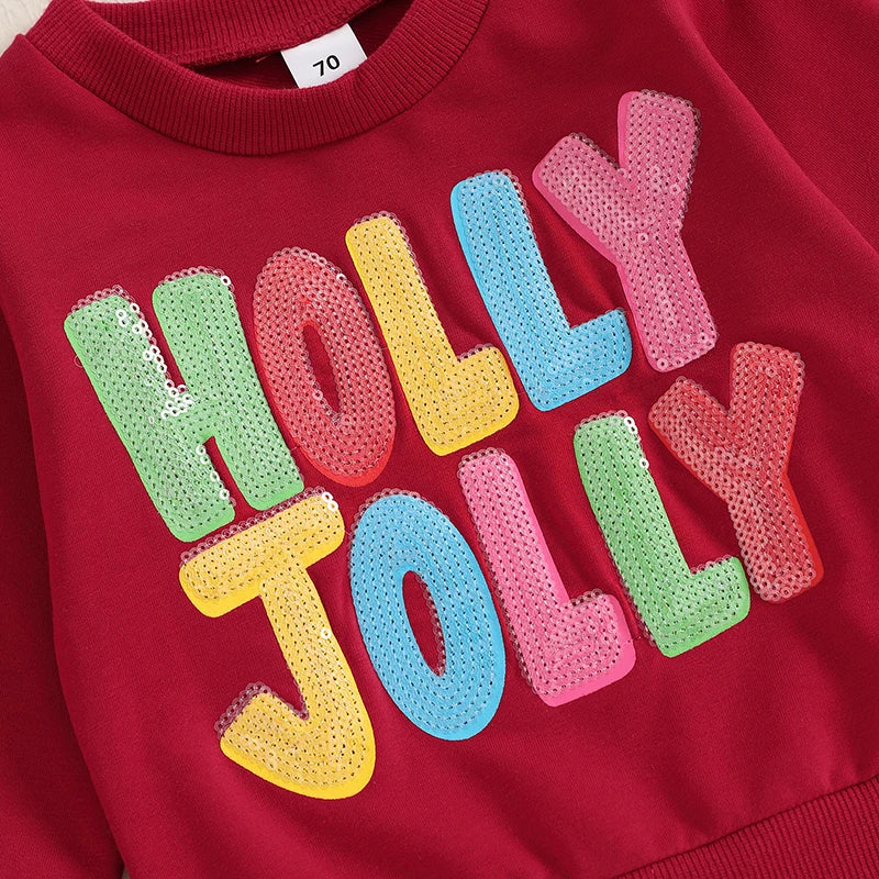 Baby Toddler Kids Boys Girls Holly Jolly Christmas Long Sleeve O Neck Sequins Letter Embroidery Pullover Top