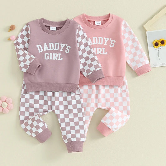 Toddler Baby Girl 2Pcs Daddy‘s Girl Letters Print Checkered Pattern Long Sleeve Crewneck Top Jogger Pants Set Outfit