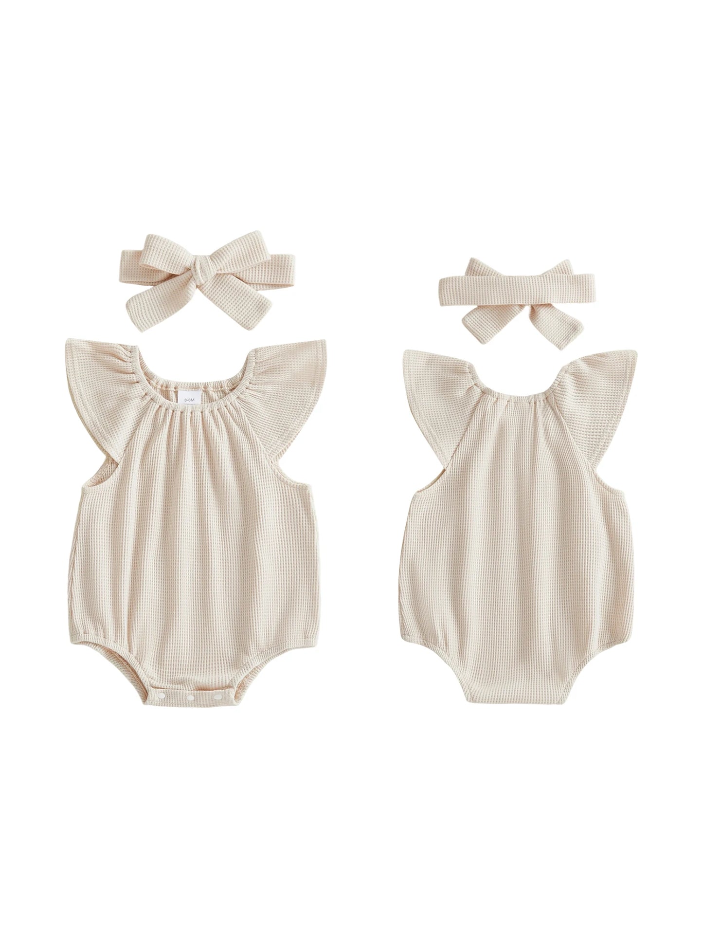 Baby Girl 2Pcs Spring Summer Waffle Romper Short Flying Sleeve O Neck Solid Color Romper with Headband Set