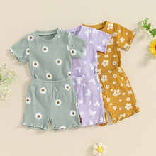 Load image into Gallery viewer, Toddler Baby Girl 2Pcs Spring Summer Flower Butterfly Print Clothes Ruffle Ribbed Short Sleeve Tops + Matching Shorts Outfit Set

