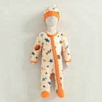 Baby Boys Girls 2Pcs Halloween Outfit Pumpkin Long Sleeve Zip-up Footed Zipper Romper and Knot Hat Fall Set