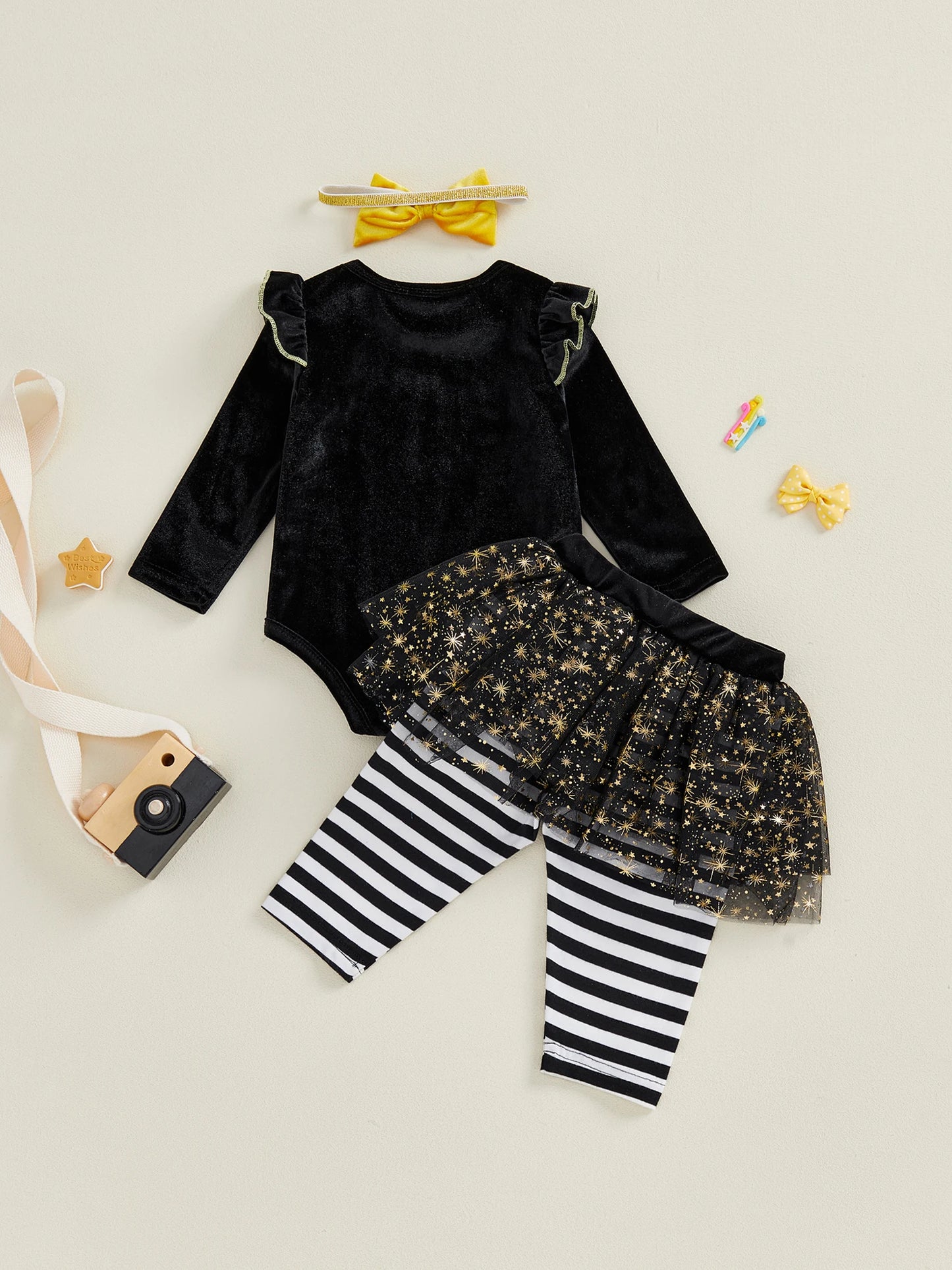 Baby Girls 3Pcs Happy New Year Long Sleeve O Neck Letter Print Romper Tutu Pants Headband Outfits Set