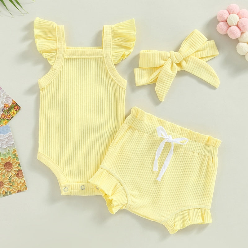 Baby Toddler Girls 3Pcs Flutter Sleeve Solid Romper Tops Drawstring Short Pants Headband Outfit