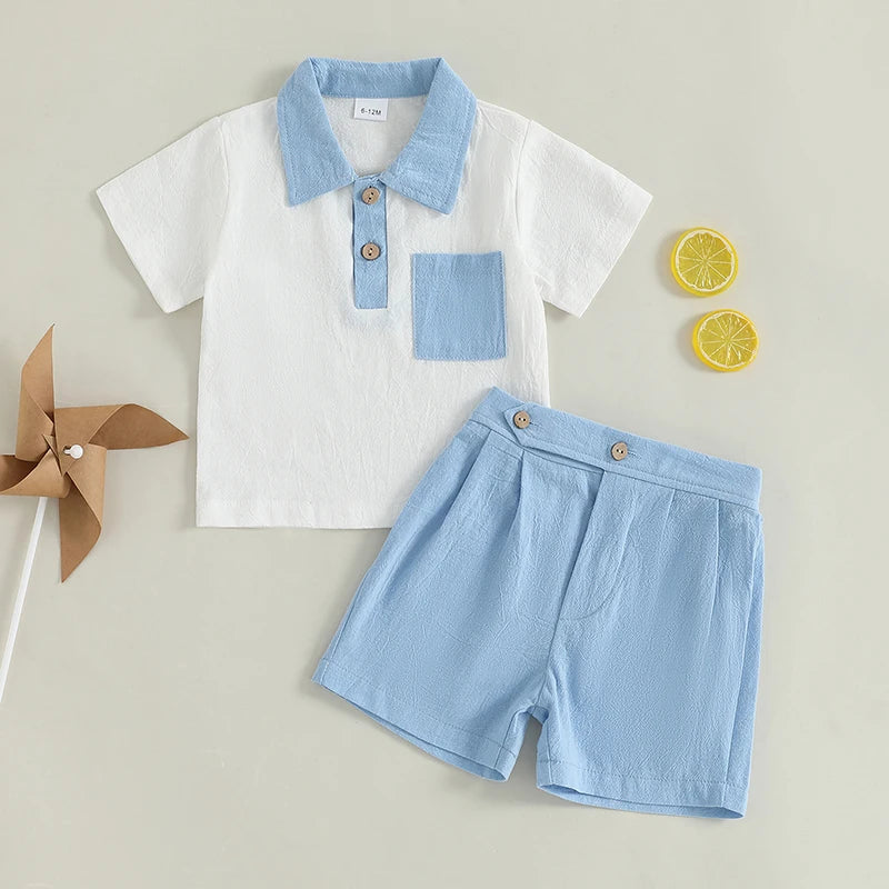 Baby Toddler Boys 2Pcs Summer Outfit Contrast Color Button Turn Down Collar Short Sleeve Shirt Top with Shorts Set