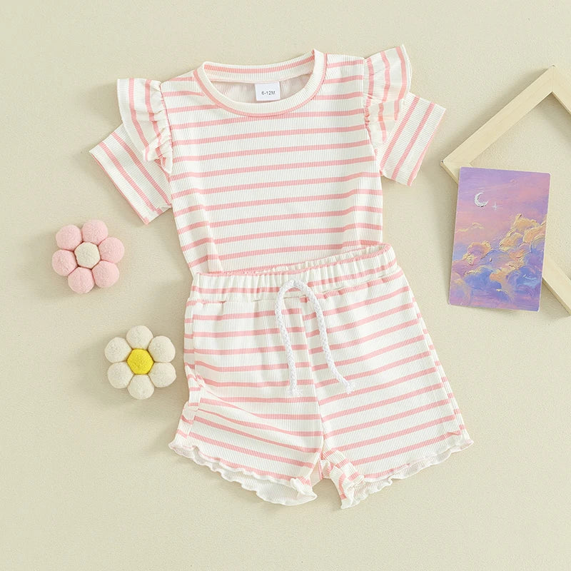 Toddler Baby Girl 2Pcs Summer Stripes Outfit Waffle Frilly Short Sleeve Top Shorts Set