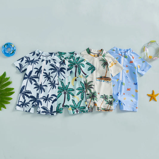 Baby Toddler Boys Rash Guard Swimwear Palm Tree Print Short Sleeve Mock Neck Zip Bathing Suit