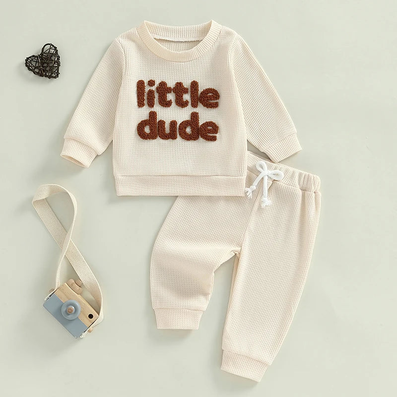 Baby Toddler Boys 2Pcs Little Dude Waffle Outfit Letter Embroidery Long Sleeve Top with Elastic Waist Solid Pants Set