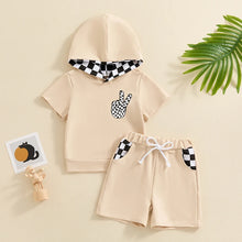 Load image into Gallery viewer, Toddler Baby Boy 2Pcs Outfit Short Sleeve Peace Sign Hand Checkered Print Hooded Top with Elastic Waist Shorts Set
