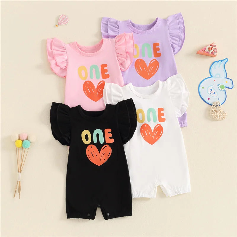 Baby Girls ONE Jumpsuit Fly Sleeve Crew Neck Letters Heart Print Birthday Romper